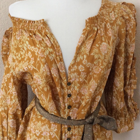 Free People boho top cotton puffy sleeves mustard - Picture 2 of 10